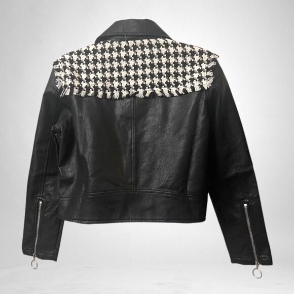 SONCY Houndstooth Frayed Edge and Faux Leather Moto Jacket, NEW! Size 0=12 - Picture 3 of 8
